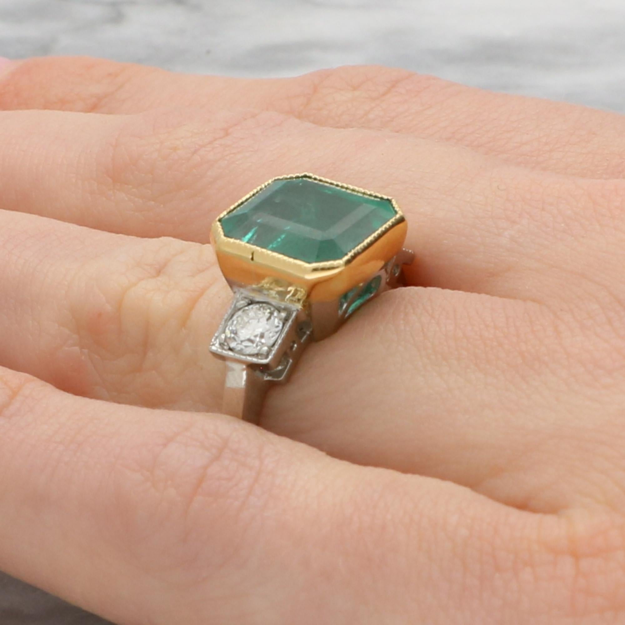 Emerald Cut Vintage 4.16ct Emerald and Old Cut Diamond Three Stone Ring in Gold and Platinum For Sale