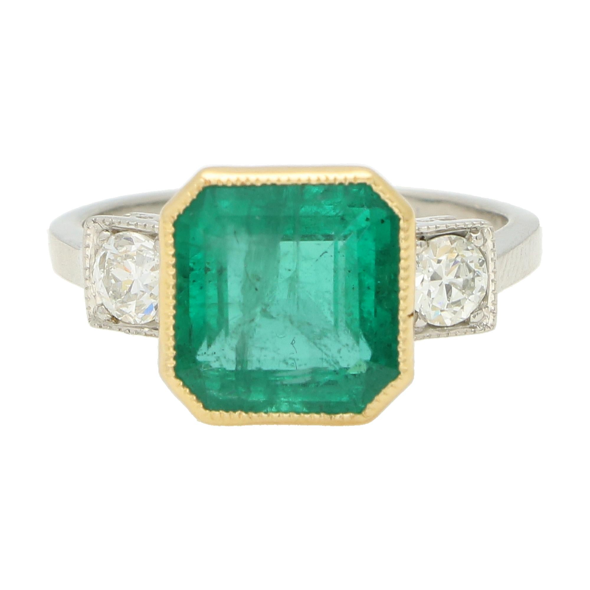 Vintage 4.16ct Emerald and Old Cut Diamond Three Stone Ring in Gold and Platinum For Sale 1