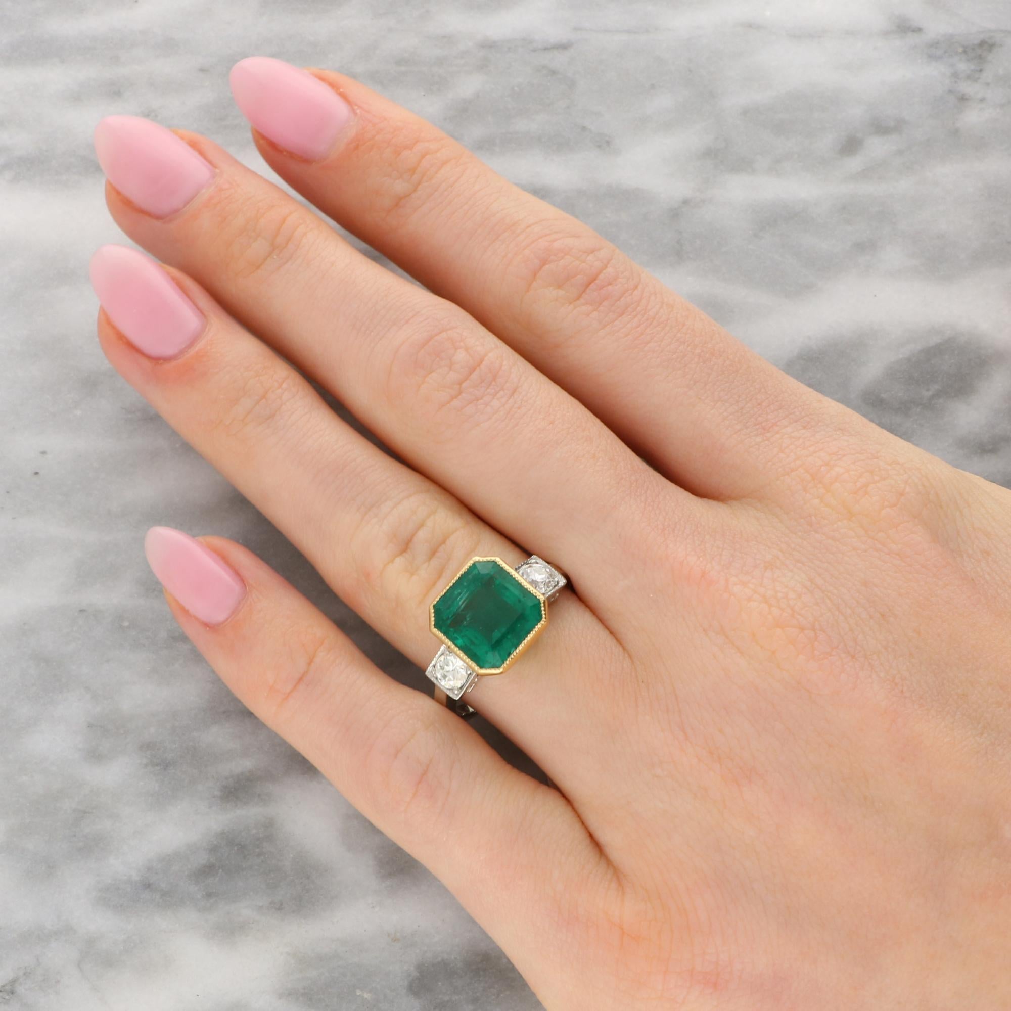 Vintage 4.16ct Emerald and Old Cut Diamond Three Stone Ring in Gold and Platinum For Sale 2