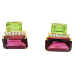 Vintage 4.17Ct Garnet Peridot Diamond Earrings in 14 Karat Yellow Gold
