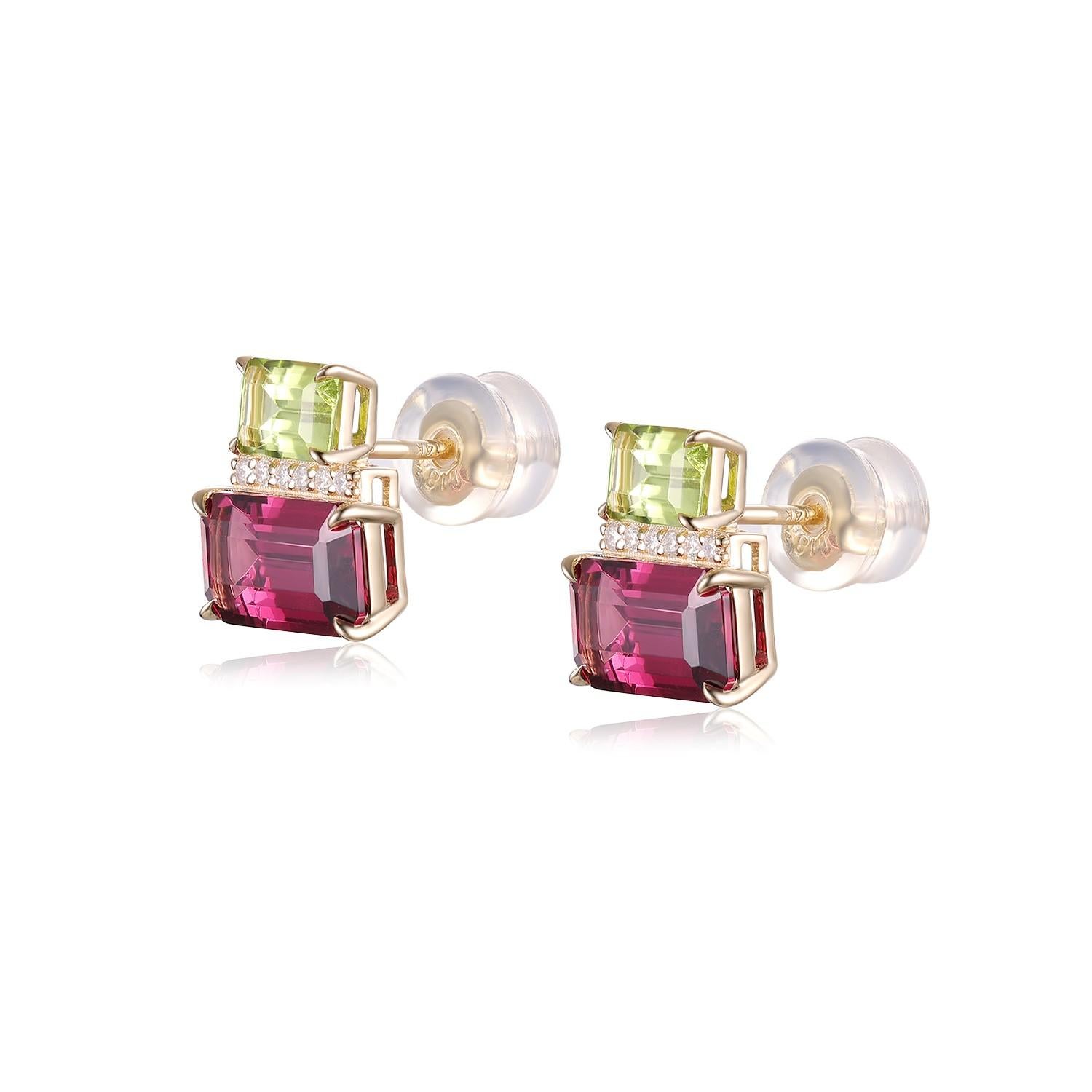 Pendientes vintage de oro amarillo de 14 quilates con diamantes peridoto y granate de 4,17 quilates Corte baguette en venta