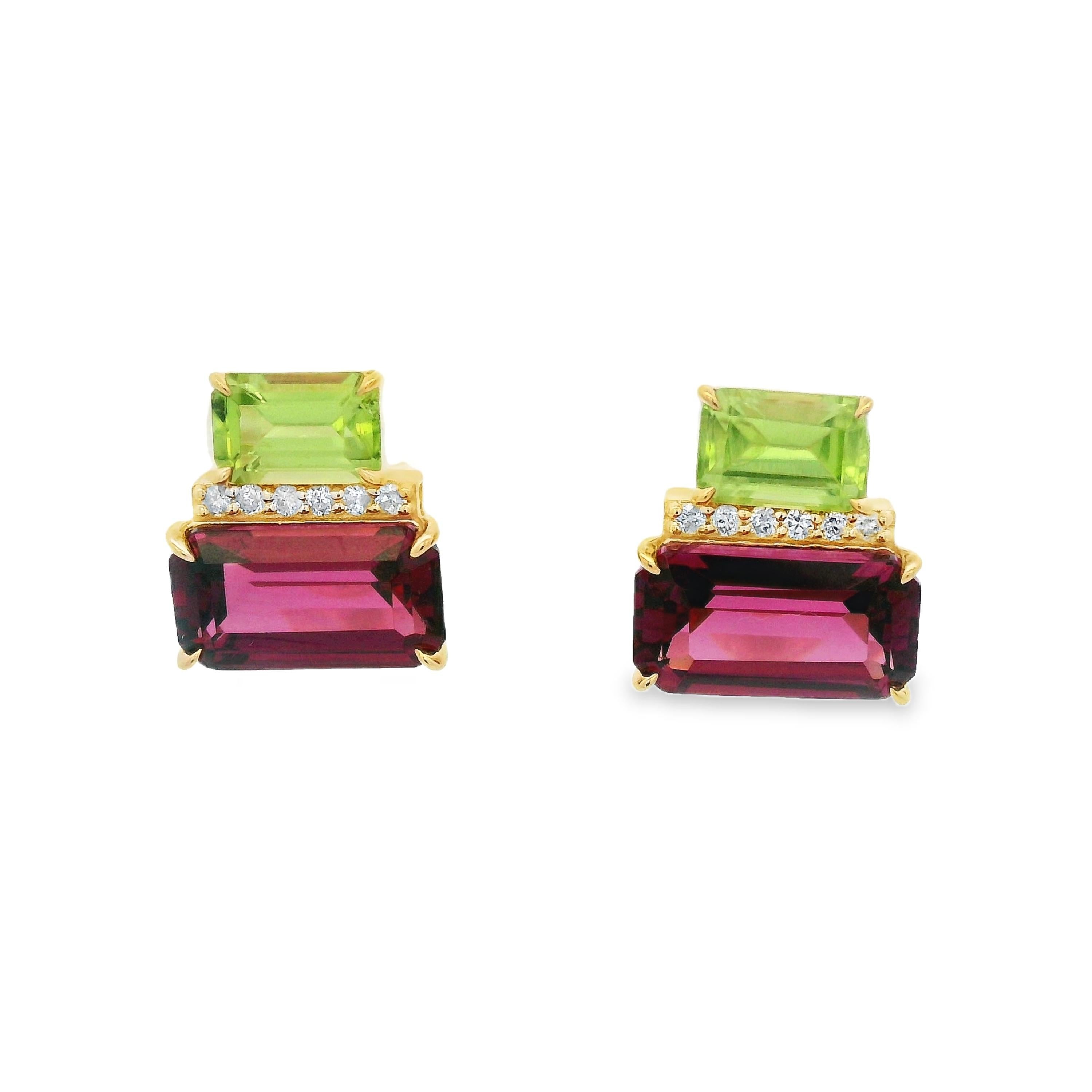 Pendientes vintage de oro amarillo de 14 quilates con diamantes peridoto y granate de 4,17 quilates en venta 2