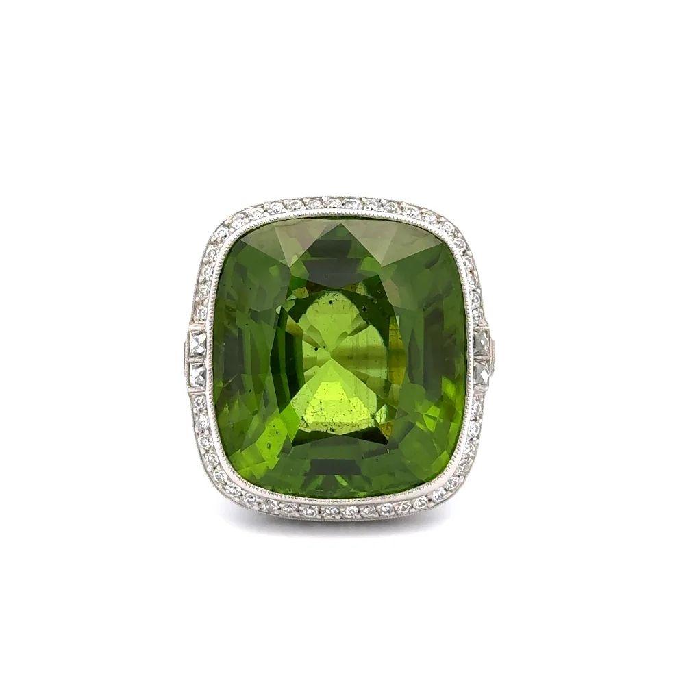 Modernist Vintage 41.84 Carat Green Peridot GIA and Diamond Platinum Statement Ring For Sale