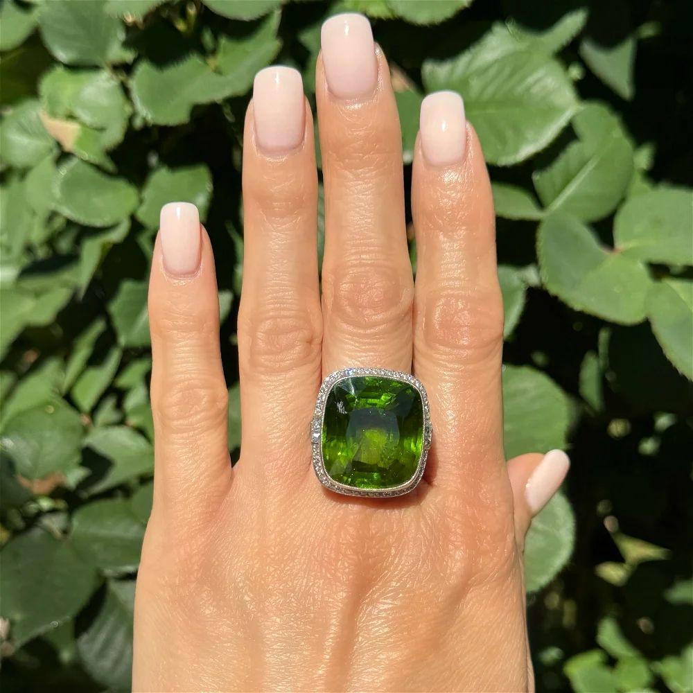 Mixed Cut Vintage 41.84 Carat Green Peridot GIA and Diamond Platinum Statement Ring For Sale