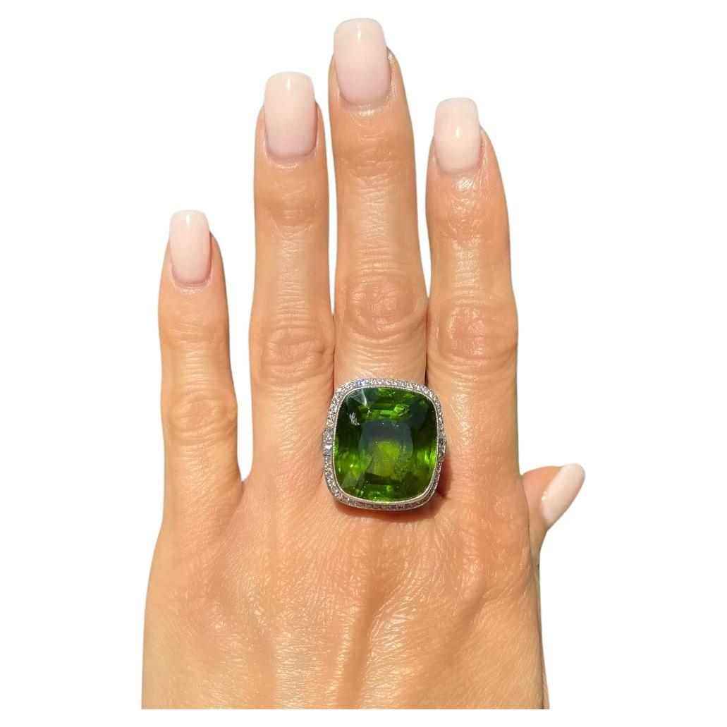 Vintage 41.84 Carat Green Peridot GIA and Diamond Platinum Statement Ring For Sale