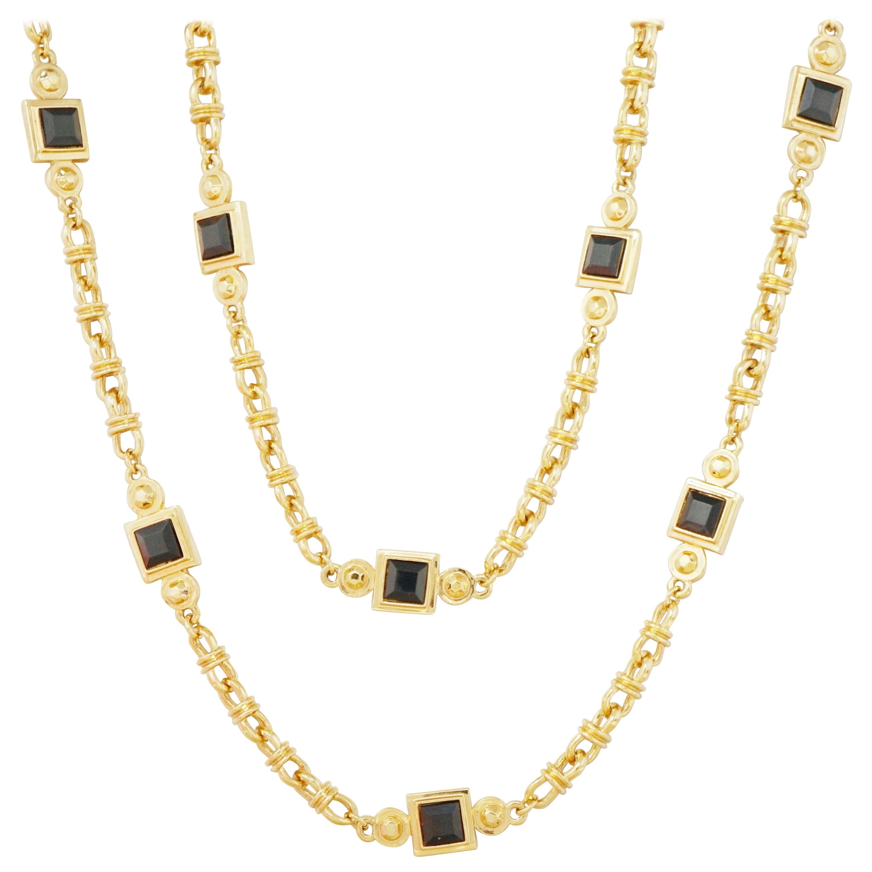 Vintage 42" Gilt & Faceted Onyx Heavy Chain Station Necklace by St. John, 1980s