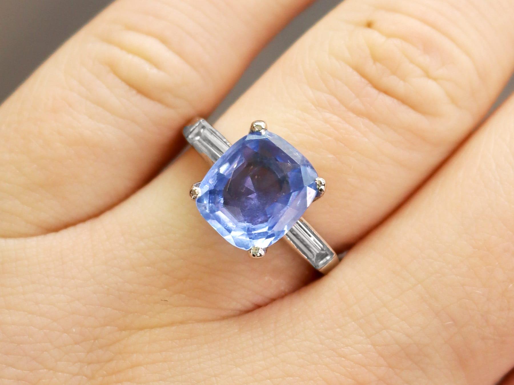 Cushion Cut Vintage 4.20 Carat Ceylon Sapphire 0.40 Carat Diamond Platinum Ring Circa 1945