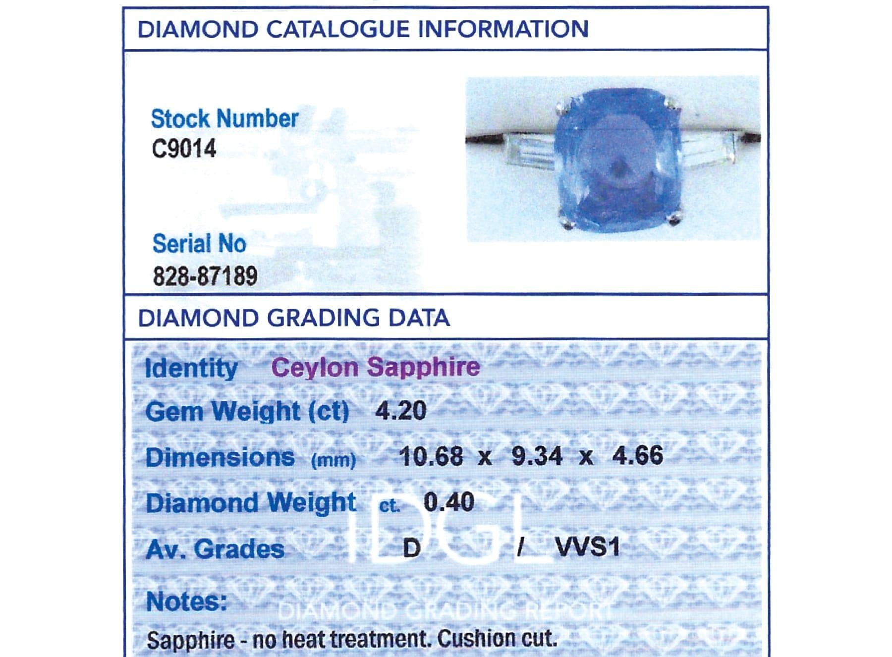 Vintage 4.20 Carat Ceylon Sapphire 0.40 Carat Diamond Platinum Ring Circa 1945 2