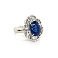 Vintage 4.20 Carat GIA Oval Ceylon Sapphire and Baguette Diamond Platinum Ring