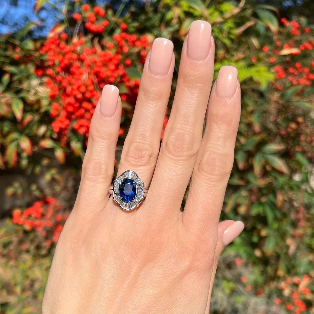 Mixed Cut Vintage 4.20 Carat GIA Oval Ceylon Sapphire and Baguette Diamond Platinum Ring For Sale