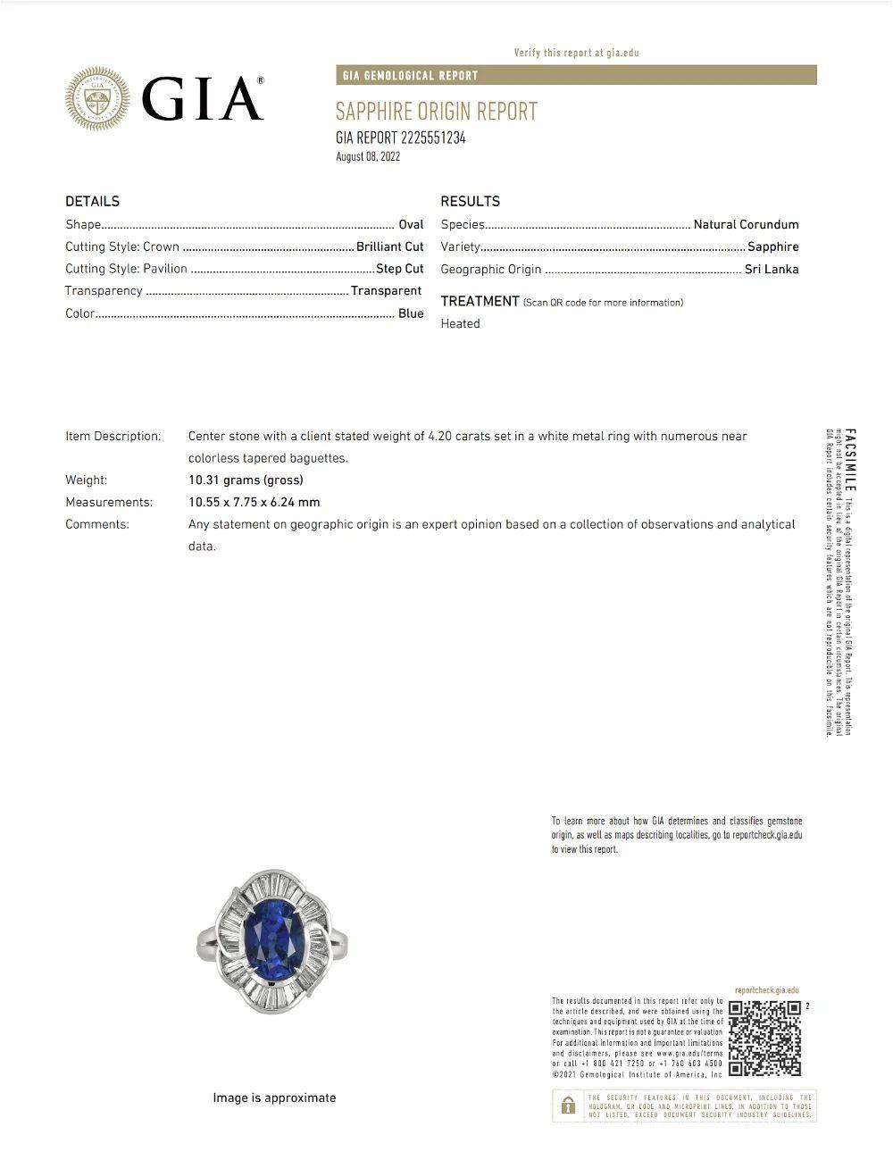 Vintage 4.20 Carat GIA Oval Ceylon Sapphire and Baguette Diamond Platinum Ring For Sale 1