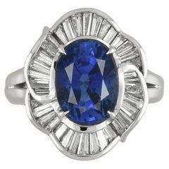 Vintage 4.20 Carat GIA Oval Ceylon Sapphire and Baguette Diamond Platinum Ring