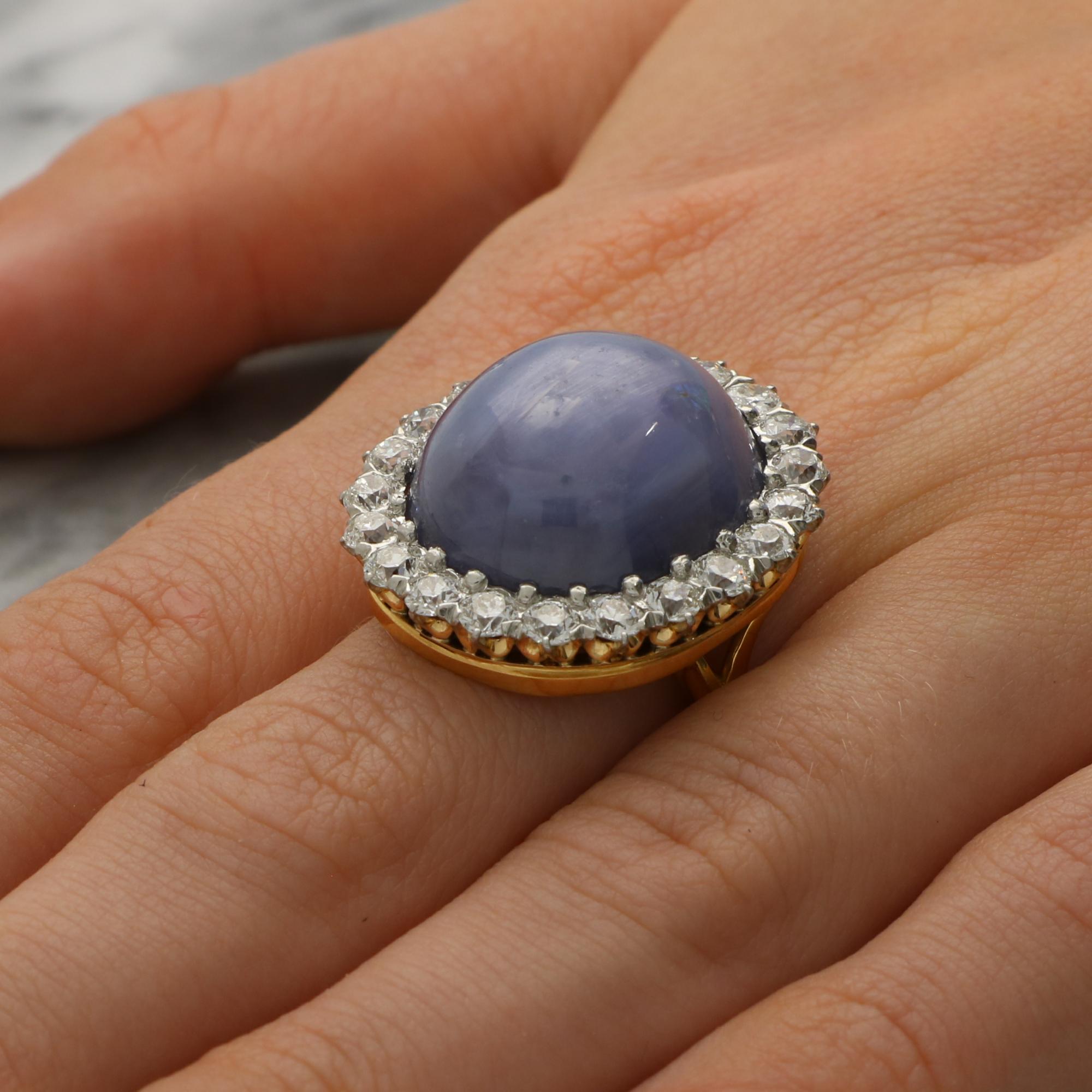 Vintage 42.00ct Star Sapphire and Old Cut Diamond Cluster Cocktail Ring For Sale 6