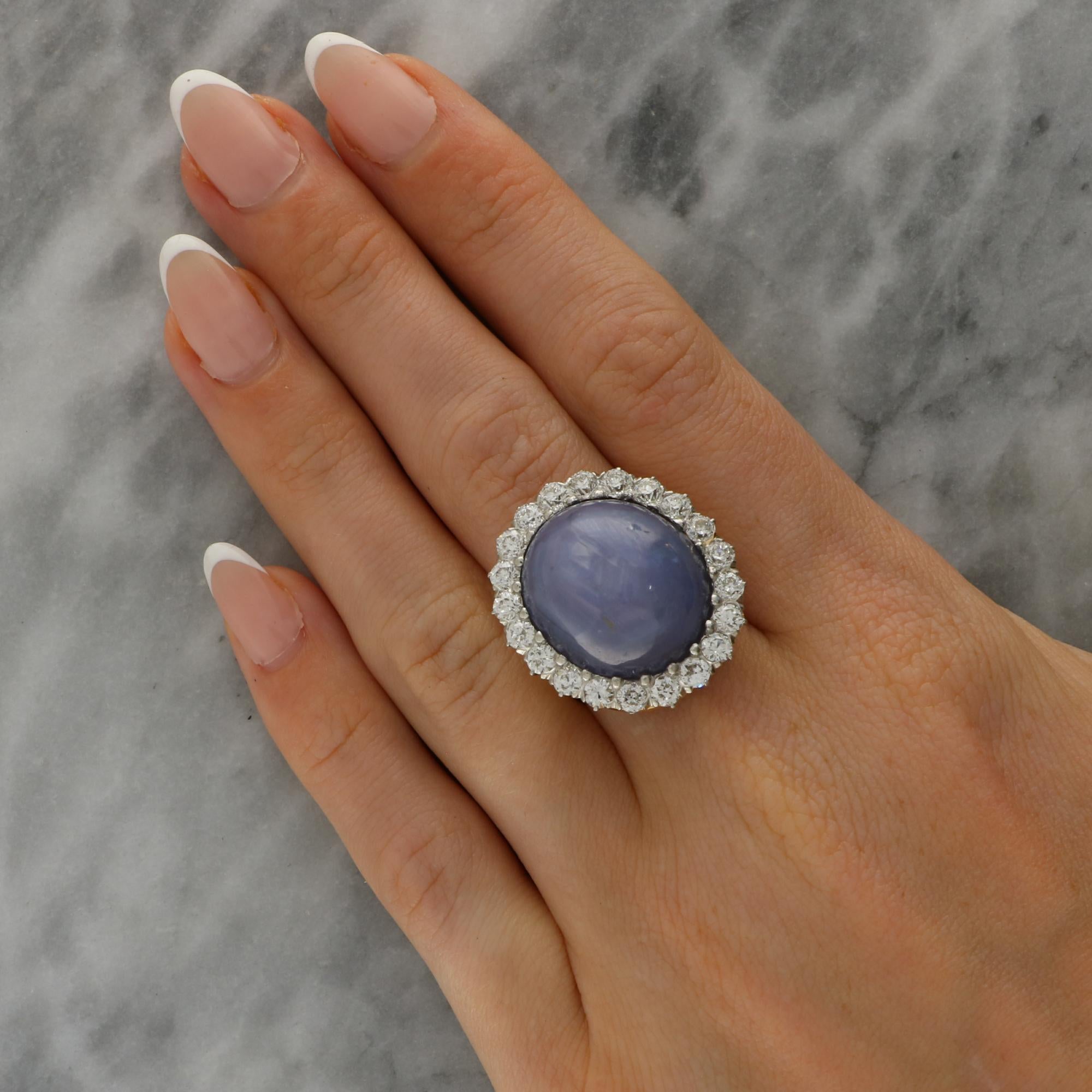 Vintage 42.00ct Star Sapphire and Old Cut Diamond Cluster Cocktail Ring For Sale 7