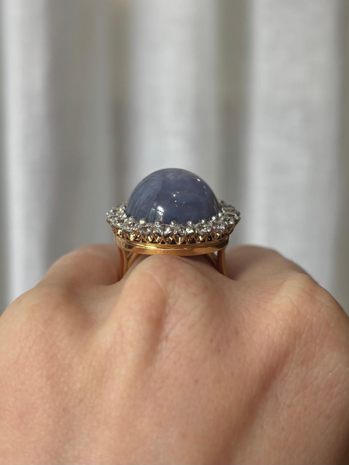 Cabochon Vintage 42.00ct Star Sapphire and Old Cut Diamond Cluster Cocktail Ring For Sale