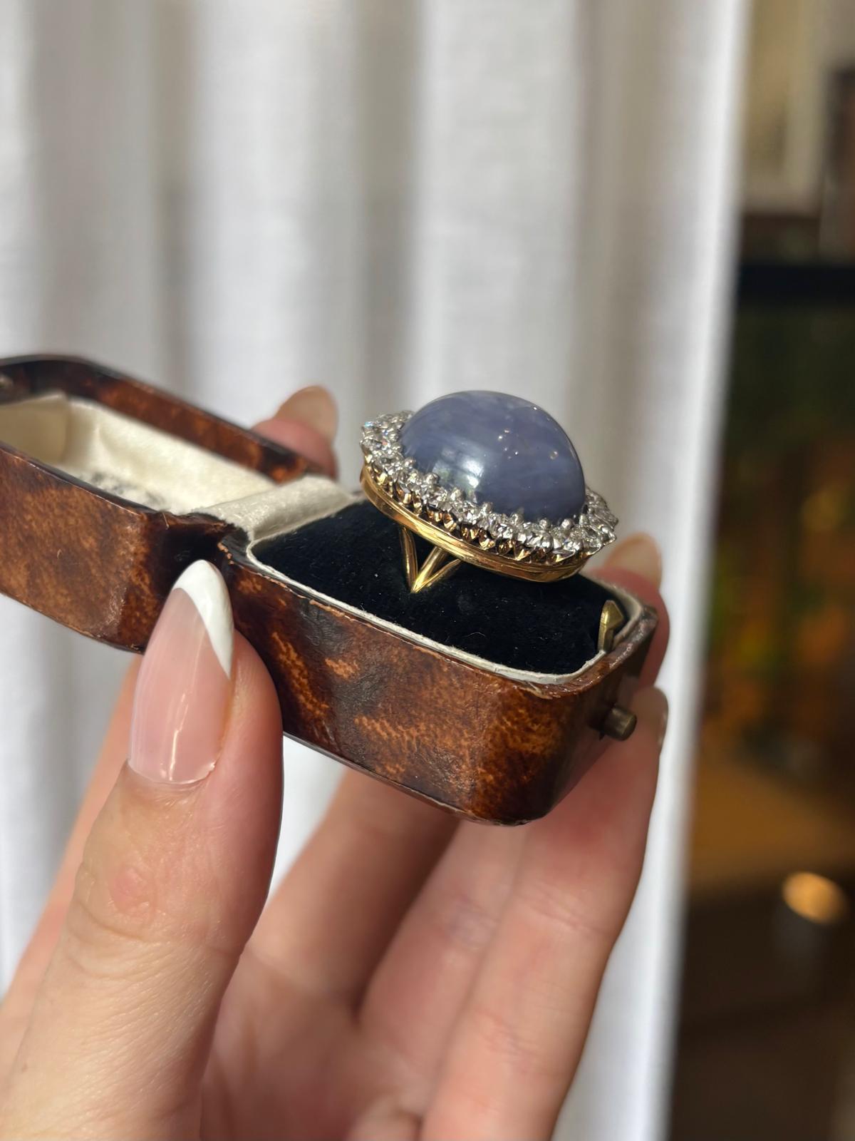 Vintage 42.00ct Star Sapphire and Old Cut Diamond Cluster Cocktail Ring In Excellent Condition For Sale In London, GB