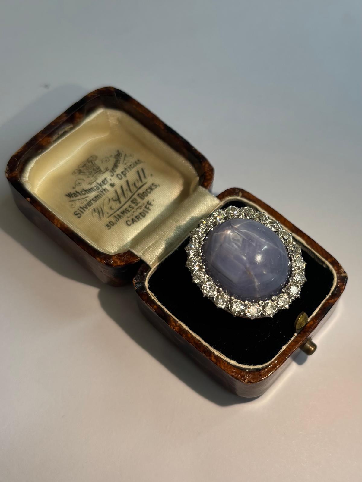 Women's or Men's Vintage 42.00ct Star Sapphire and Old Cut Diamond Cluster Cocktail Ring For Sale