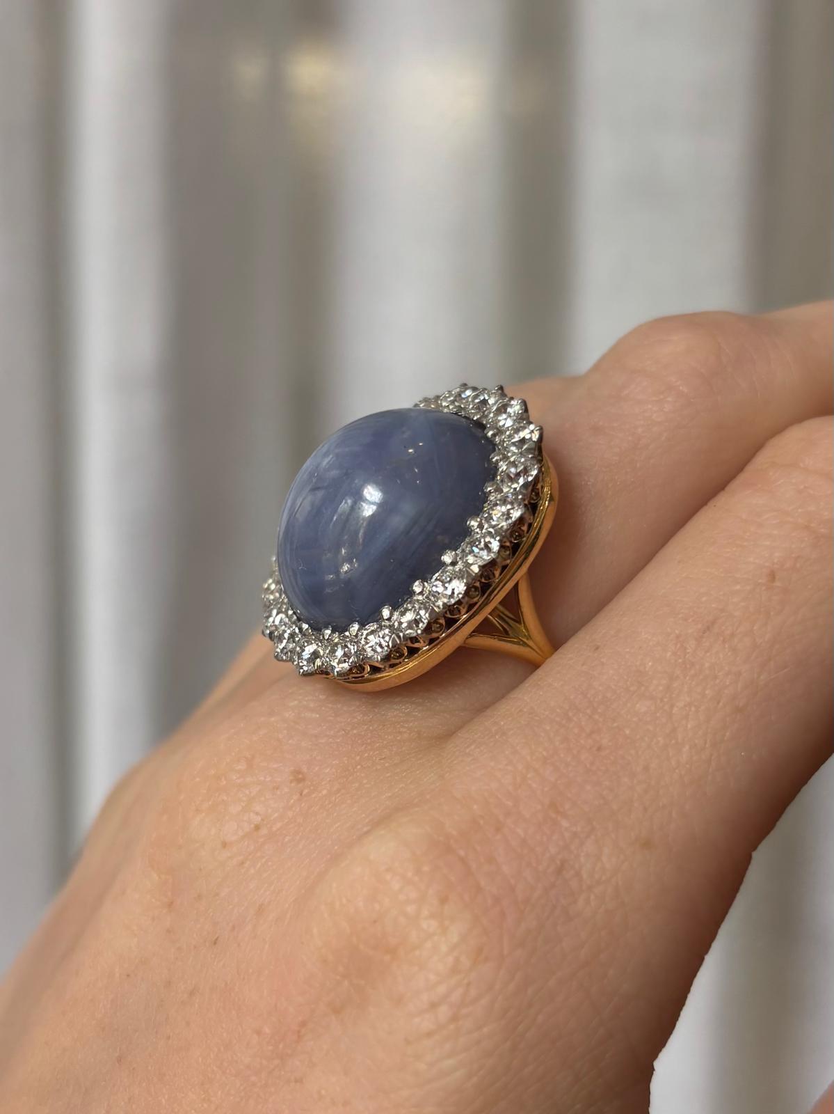 Vintage 42.00ct Star Sapphire and Old Cut Diamond Cluster Cocktail Ring For Sale 1