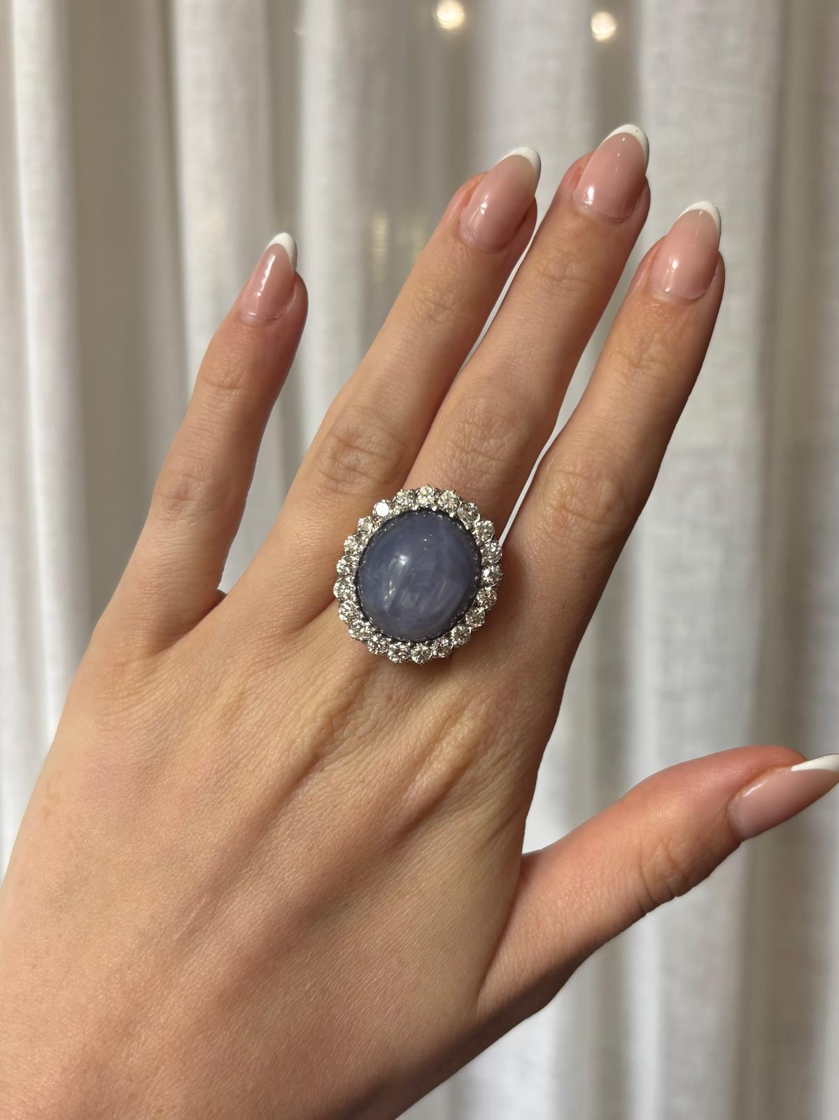 Vintage 42.00ct Star Sapphire and Old Cut Diamond Cluster Cocktail Ring For Sale 2