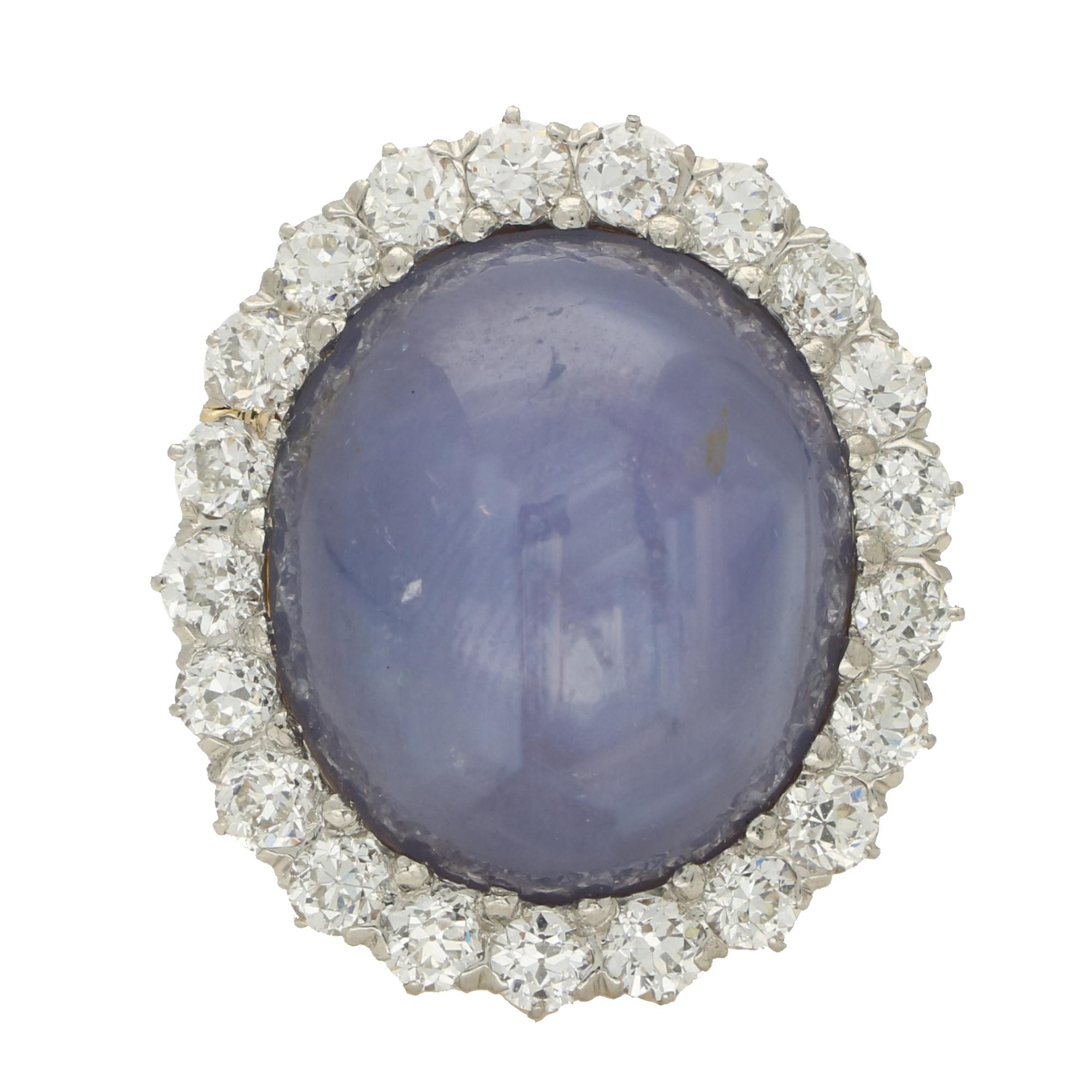 Vintage 42.00ct Star Sapphire and Old Cut Diamond Cluster Cocktail Ring For Sale 3