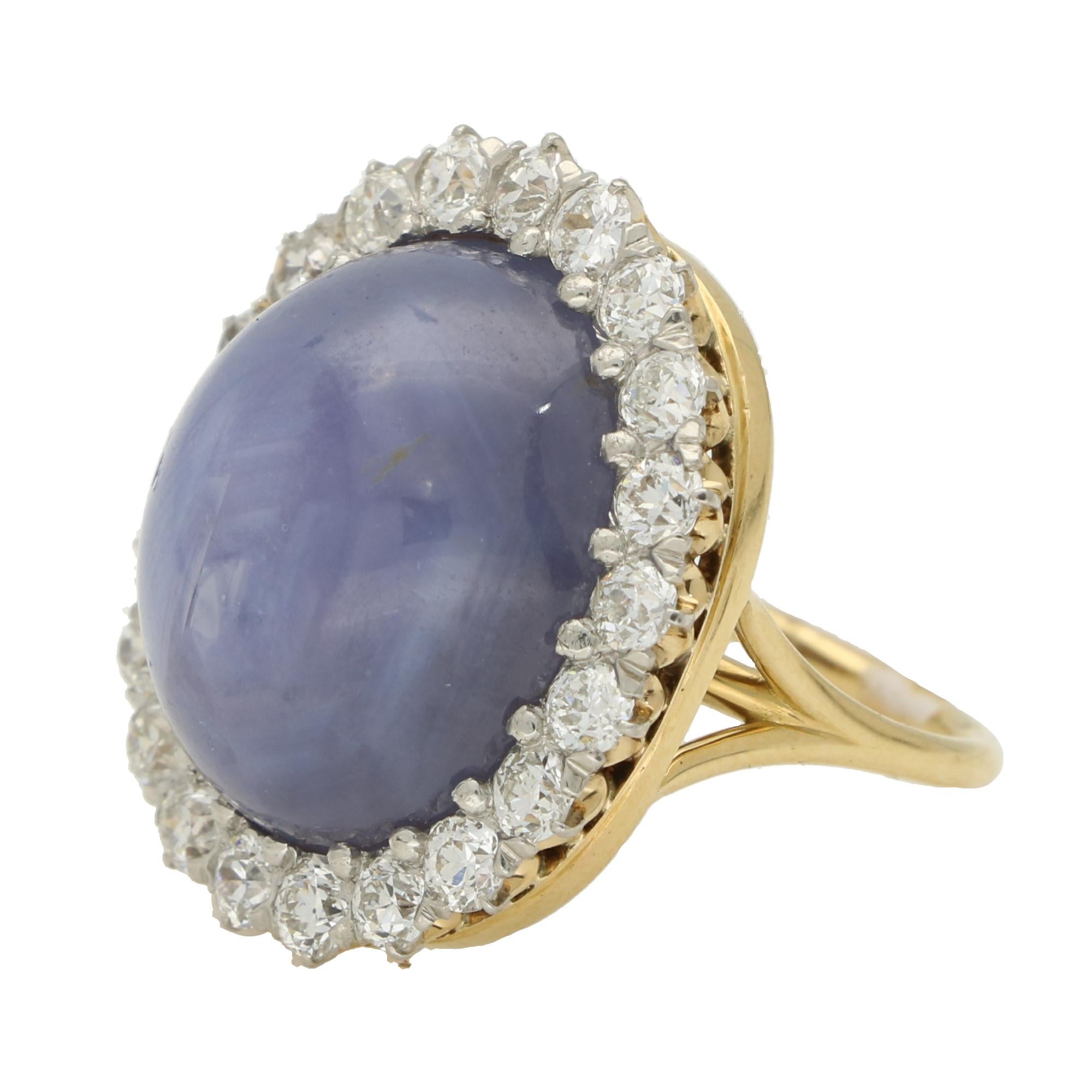 Vintage 42.00ct Star Sapphire and Old Cut Diamond Cluster Cocktail Ring For Sale 4