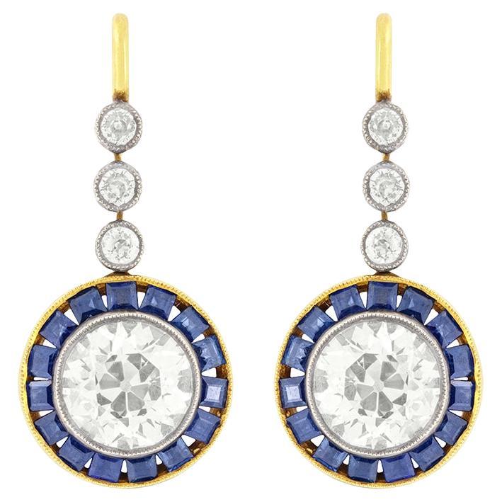 Vintage 4.20ct Diamond and Sapphire Drop Earrings, c.1950s For Sale