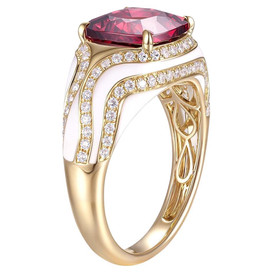 This exquisite ring features a 4.23-carat cushion-cut garnet, set in rich 14K yellow gold. The deep red hue of the garnet is beautifully complemented by 0.49 carats of round brilliant diamonds, which are set in elegant wave-like patterns along the