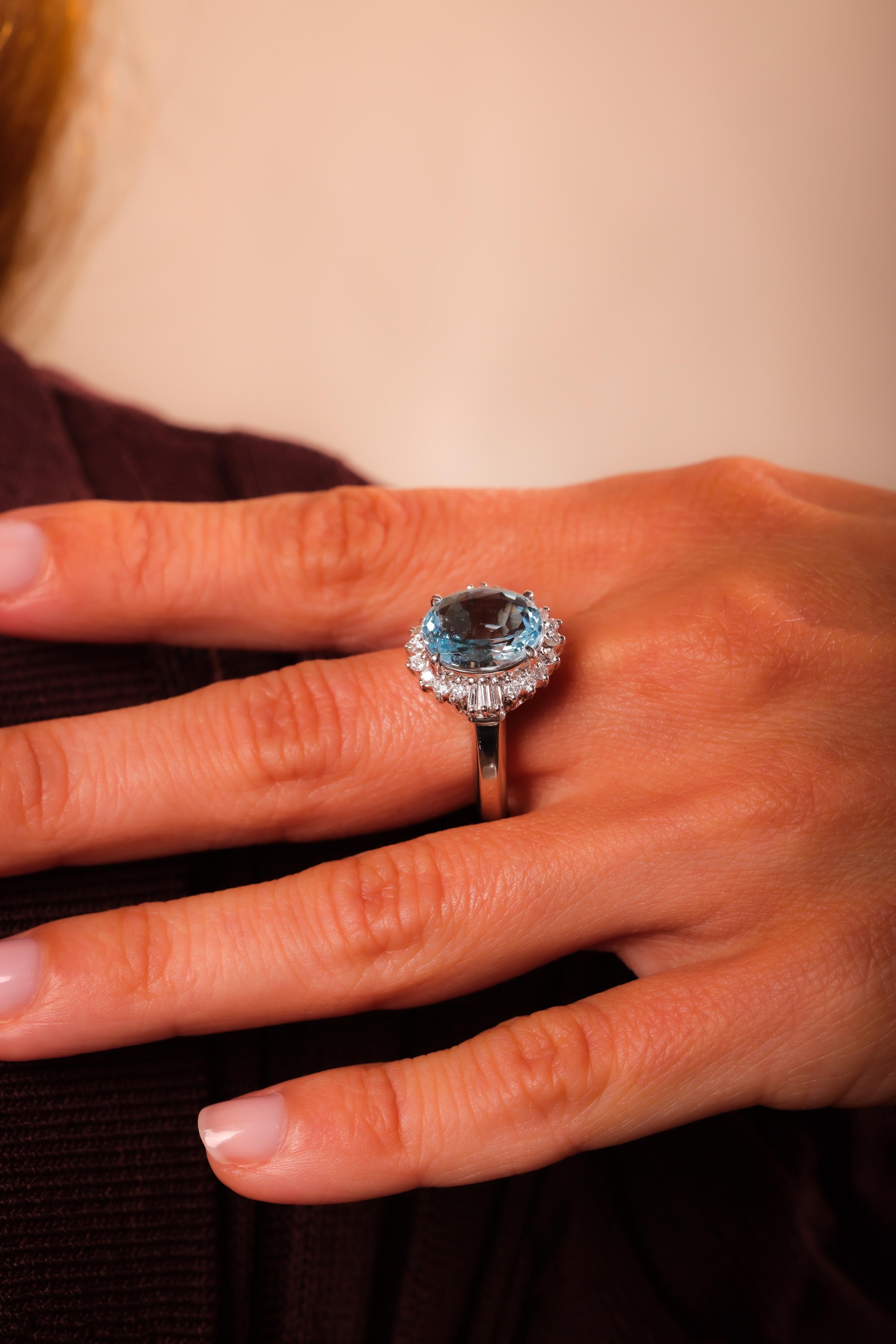 Vintage 4.24 Carat Aquamarine Diamond Platinum Cocktail Ring In Excellent Condition In Beverly Hills, CA