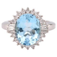 Anello cocktail in platino con acquamarina e diamante da 4,24 carati vintage