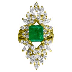 Vintage 4.25 Carat Diamond & Emerald 14K Yellow Gold Insert Cocktail Ring