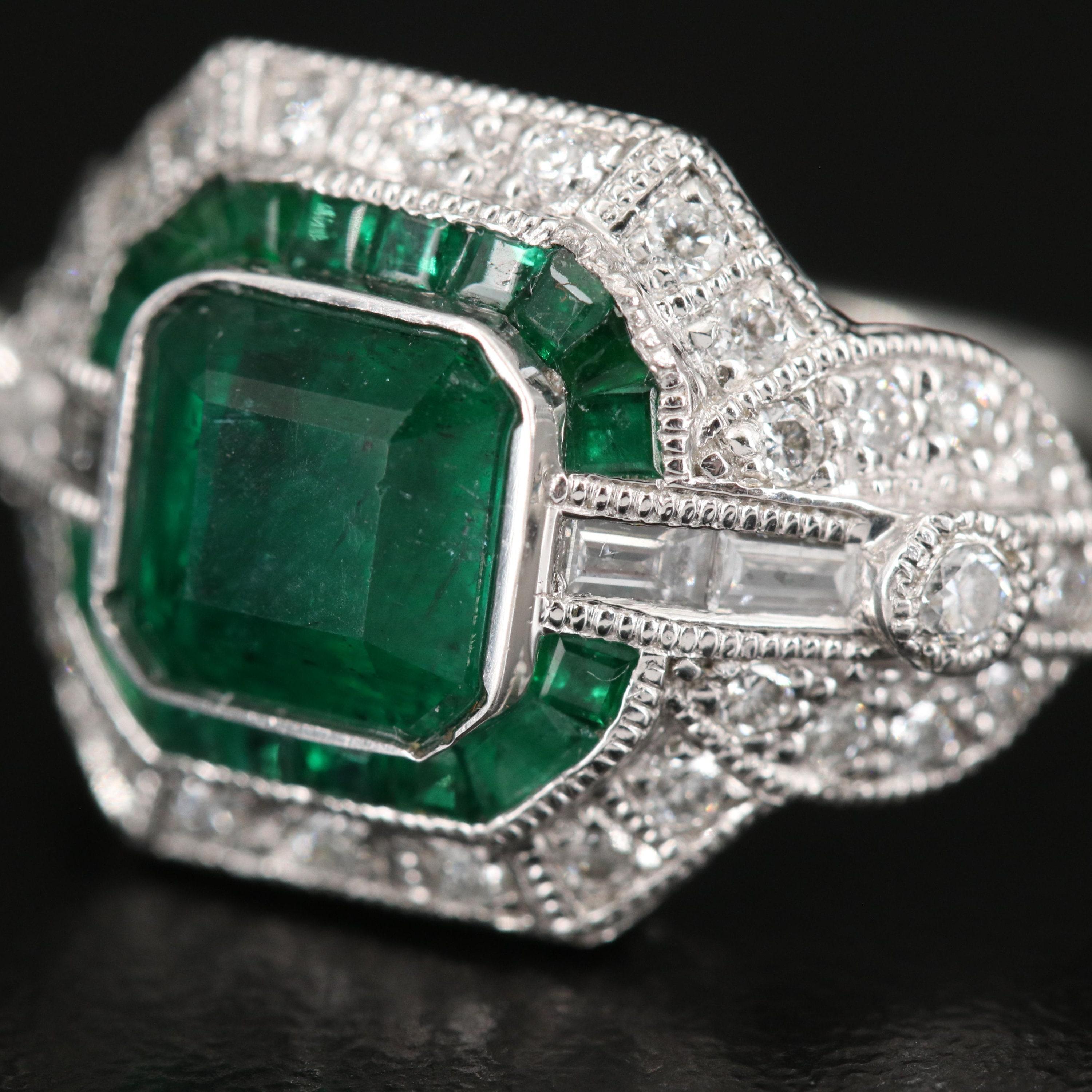 For Sale:  Vintage 4.2 Carat Emerald Diamond Engagement Ring, Cluster Diamond Cocktail Ring 2
