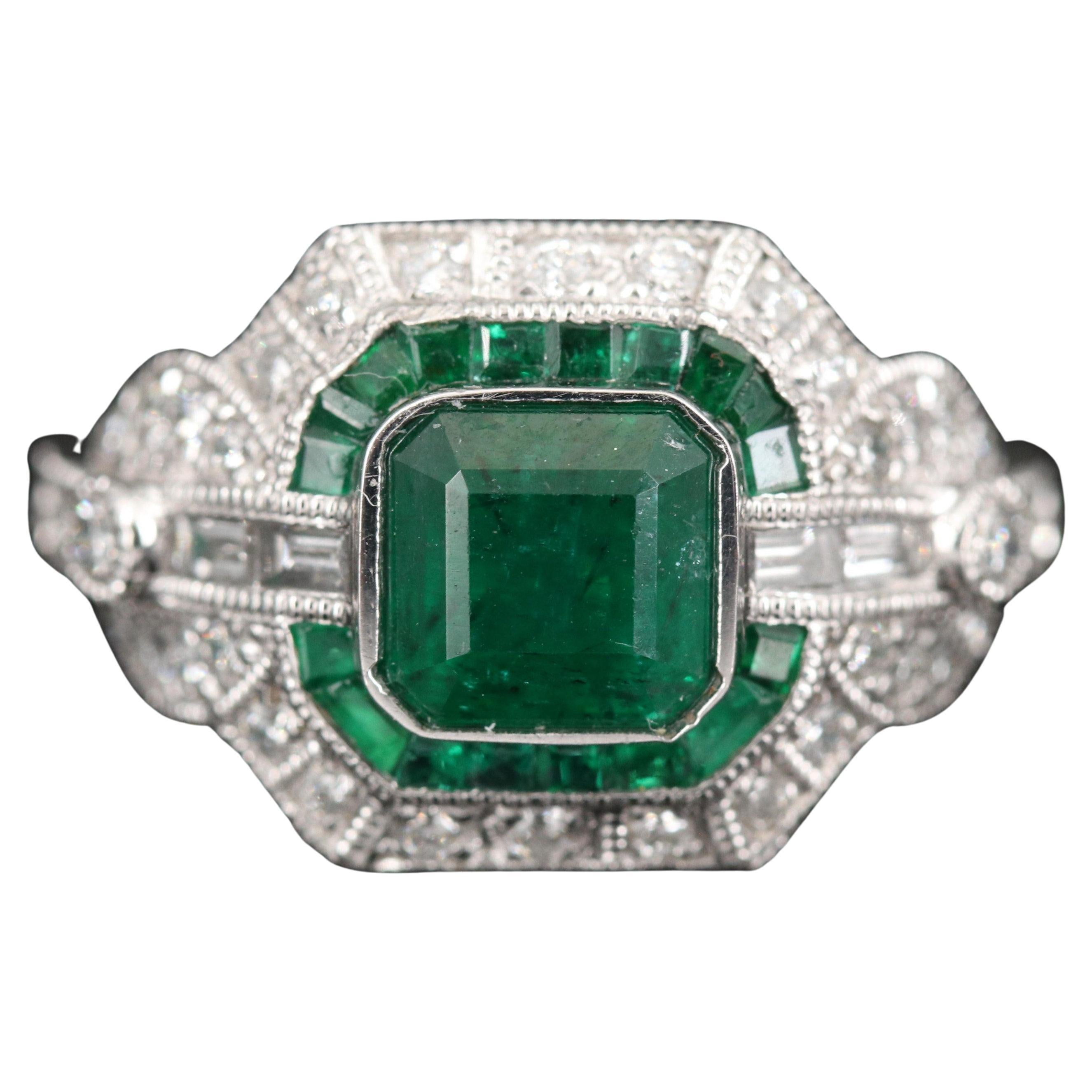 For Sale:  Vintage 4.2 Carat Emerald Diamond Engagement Ring, Cluster Diamond Cocktail Ring