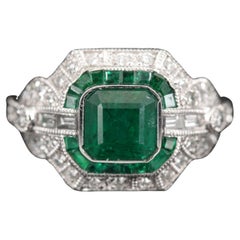 Vintage 4.25 Carat Emerald Engagement Ring, Emerald Diamond Cocktail Ring