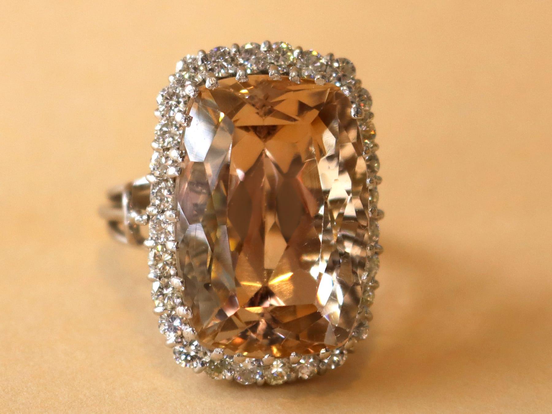 Cushion Cut Vintage 42.50ct Smoky Topaz and 1.42ct Diamond, 18ct White Gold Dress Ring For Sale