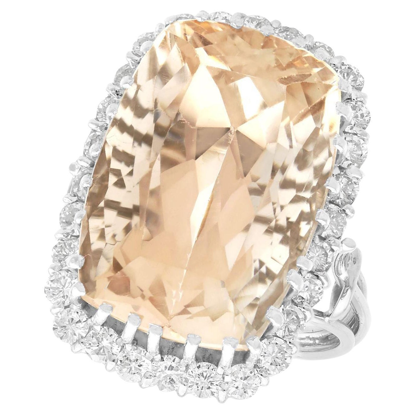 Vintage 42.50ct Smoky Topaz and 1.42ct Diamond, 18ct White Gold Dress Ring  For Sale