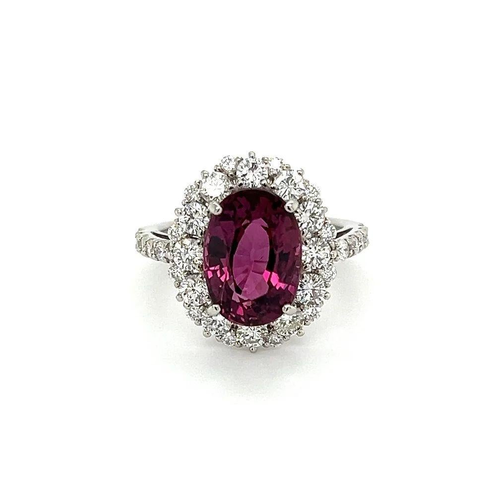 Oval Cut Vintage 4.27 Carat Natural Purplish Red Spinel GIA and Diamond Platinum Ring For Sale
