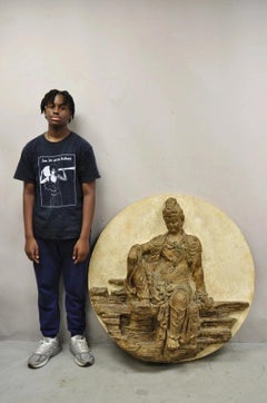 Vintage 43" Fiberglass Kuan Shih Yin Buddha Relief Round Wall Art Sculpture