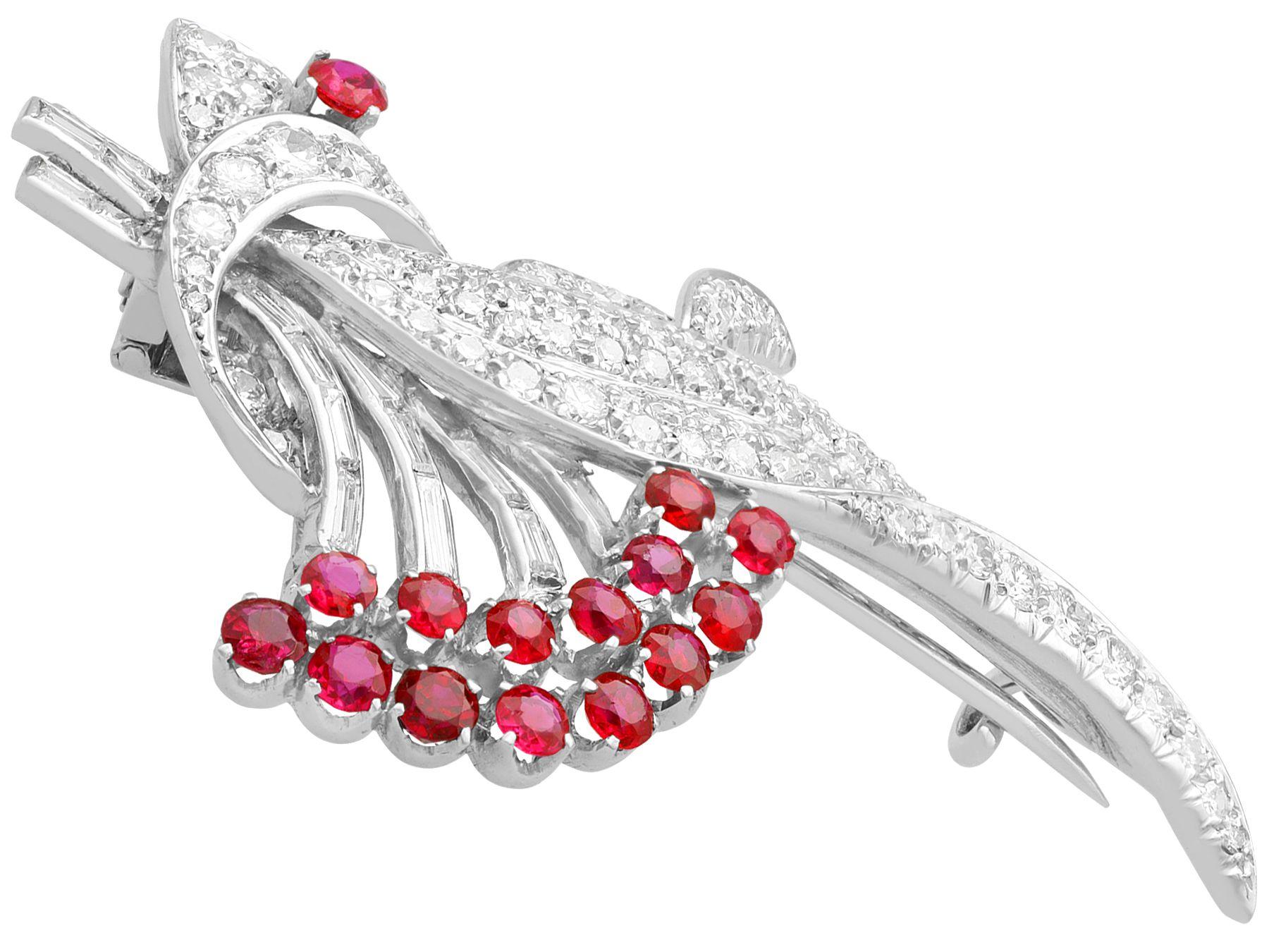 Vintage 4.32 Carat Diamond and 1.93 Carat Ruby Platinum Brooch In Excellent Condition For Sale In Jesmond, Newcastle Upon Tyne
