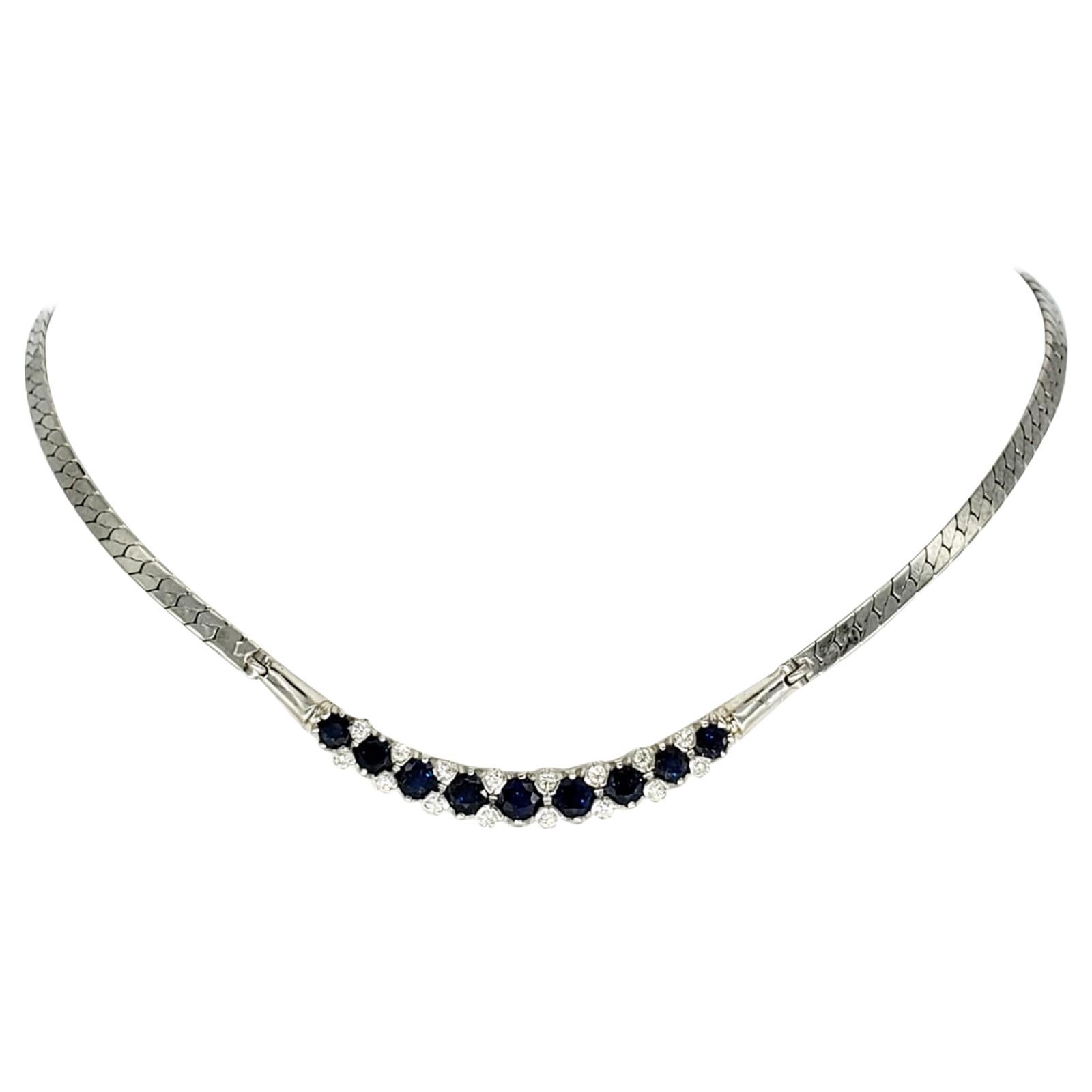 Vintage 4.32 Carat Diamonds and Blue Sapphires Necklace 14 Karat White Gold For Sale