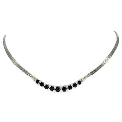 Retro 4.32 Carat Diamonds and Blue Sapphires Necklace 14 Karat White Gold