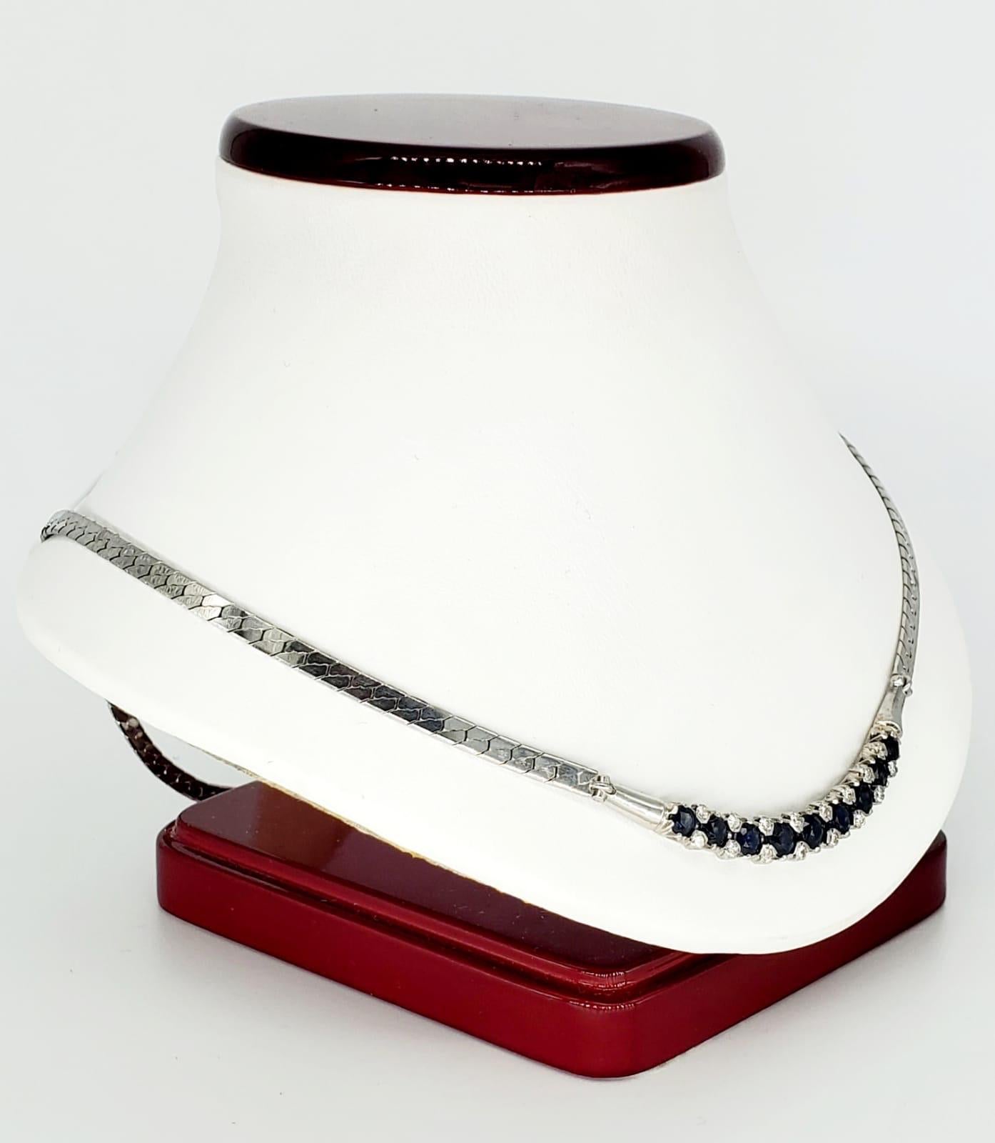 Vintage 4.32 Carat Diamonds & Blue Sapphires Necklace. The sapphires are natural and weight approx 4 carat and the diamond are SI clarity totaling approx 0.32 carats with a total of 16 diamonds. The necklace sparkles and has it’s on beauty that