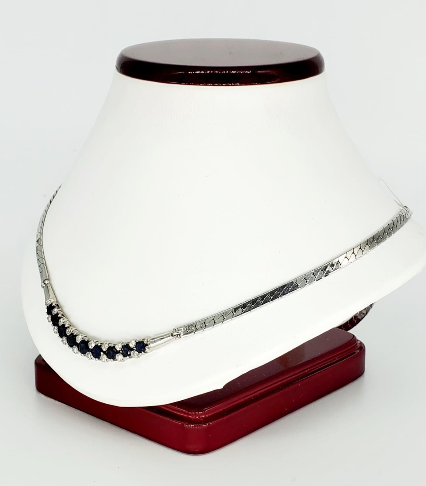 Round Cut Vintage 4.32 Carat Diamonds and Blue Sapphires Necklace 14 Karat White Gold For Sale