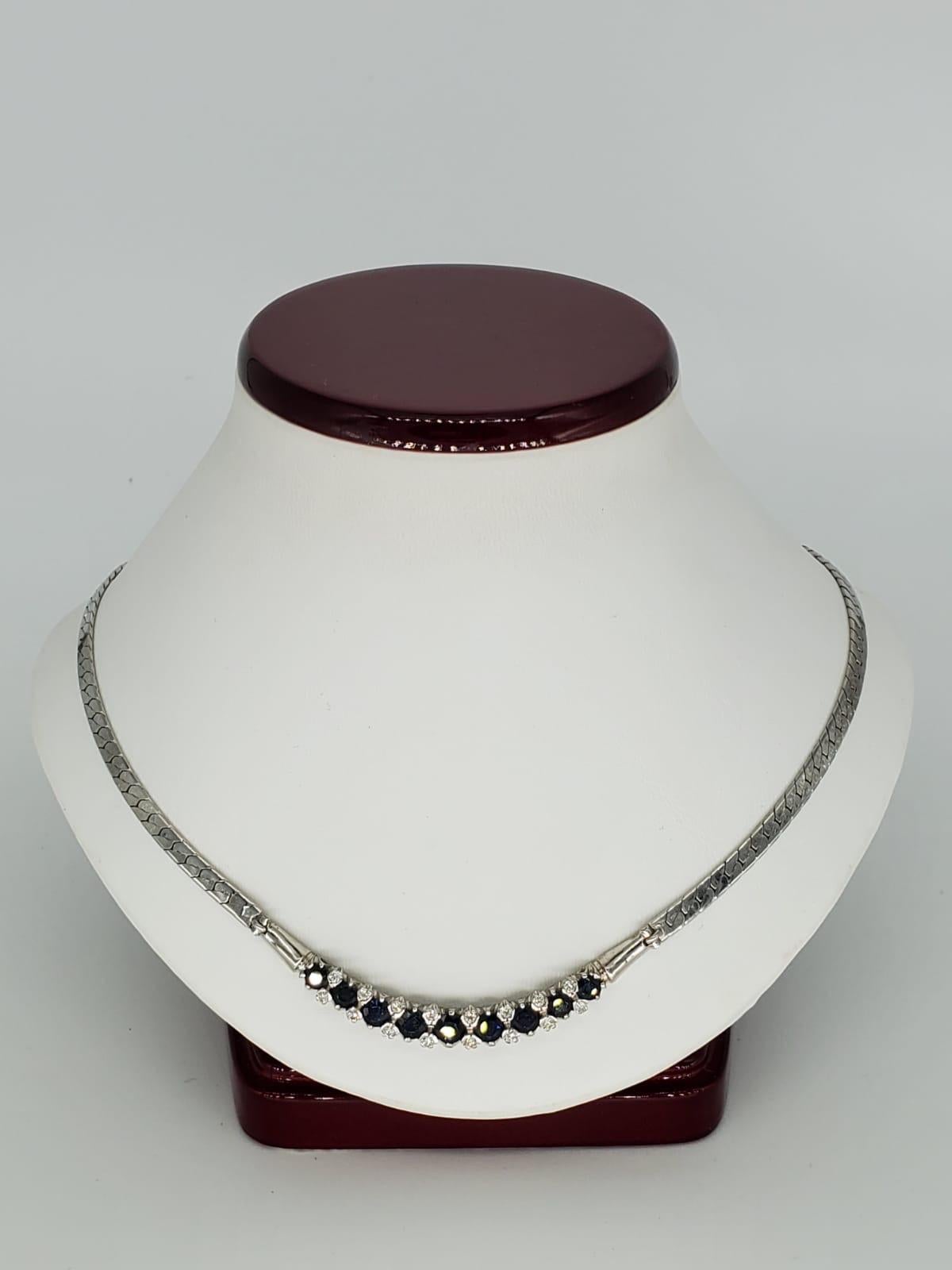 Women's Vintage 4.32 Carat Diamonds and Blue Sapphires Necklace 14 Karat White Gold For Sale