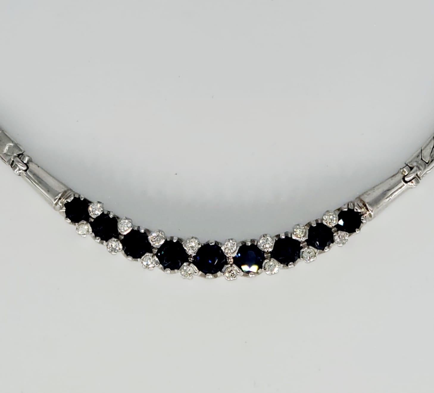 Vintage 4.32 Carat Diamonds and Blue Sapphires Necklace 14 Karat White Gold For Sale 1