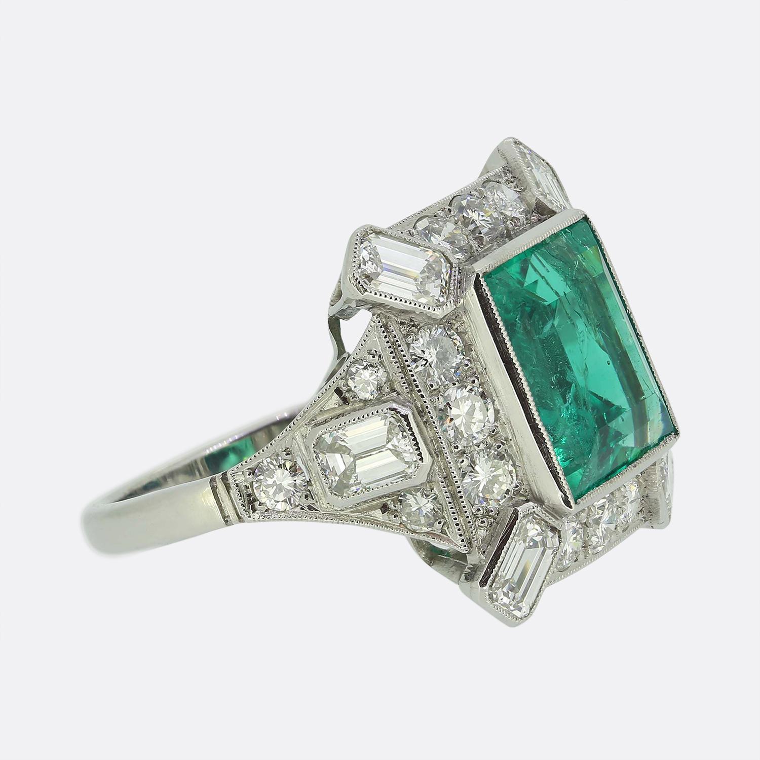 Square Cut Vintage 4.34 Carat Emerald and Diamond Cluster Ring For Sale