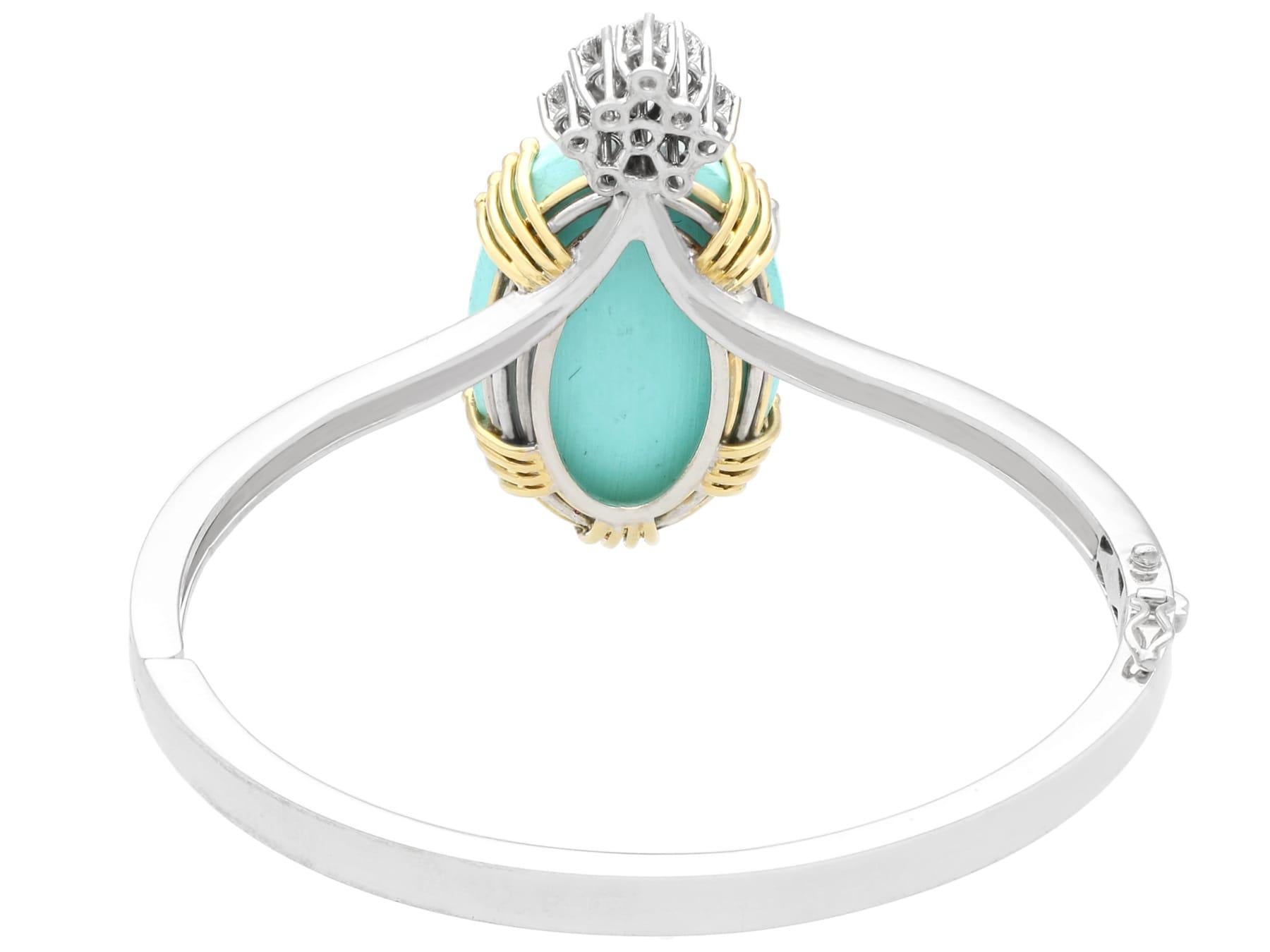 Vintage 43.44 Carat Cabochon Cut Turquoise and Diamond White Gold Bangle For Sale 1