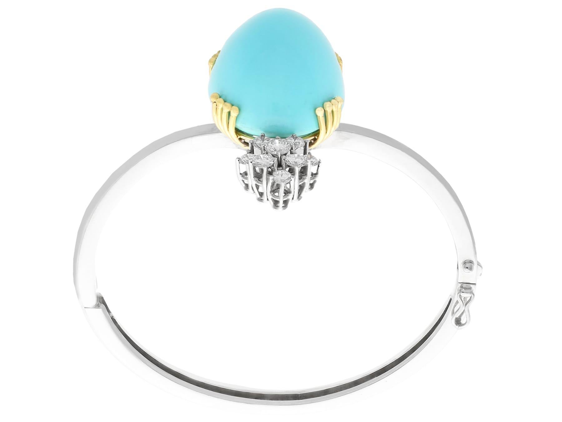 Vintage 43.44 Carat Cabochon Cut Turquoise and Diamond White Gold Bangle For Sale 2