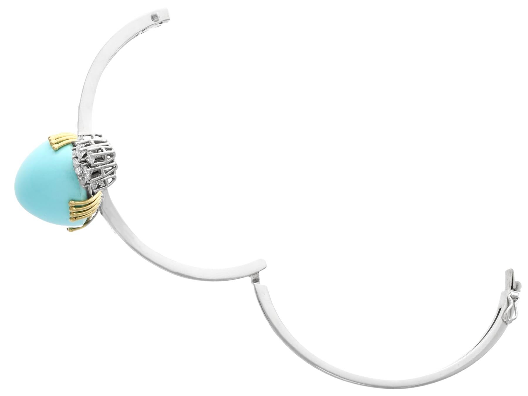 Vintage 43.44 Carat Cabochon Cut Turquoise and Diamond White Gold Bangle For Sale 3