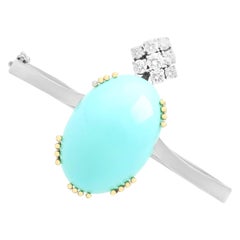 Vintage 43.44 Carat Cabochon Cut Turquoise and Diamond White Gold Bangle
