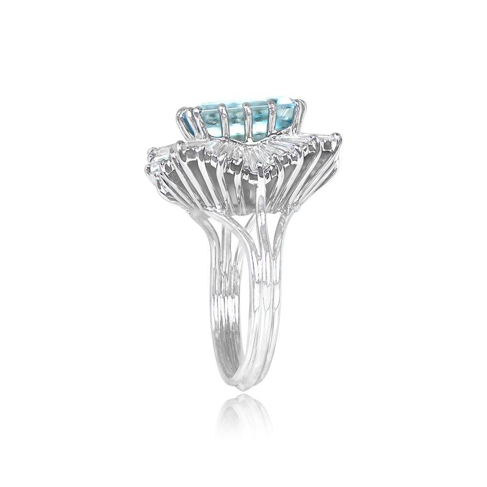 Art Deco Vintage 4.34ct Emerald Cut Aquamarine Cocktail Ring, Diamond Halo, Platinum For Sale